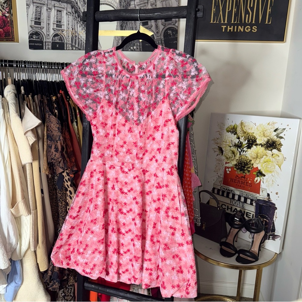 ML Monique Lhuillier Gathered Embroidered Tulle Mini Dress Pink Floral Fit Flare - Picture 6 of 15